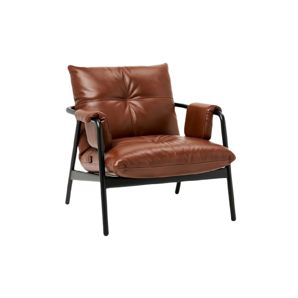 **Technische titel in het Nederlands: Comfortabele leren fauteuil met zwart metalen frame**