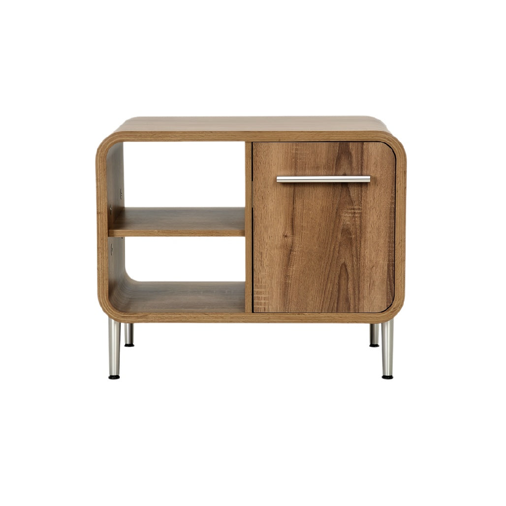 **Technische titel in het Nederlands: Moderne houten nachtkast met metalen poten en open rek**